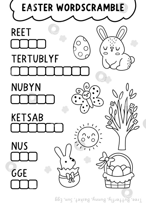Скачать Векторная раскраска для игры в пасхальные слова. Черно-белая игра на английском языке с кроликом, яйцом, корзинкой, деревом, бабочкой, солнцем для детей. Викторина для весенних праздников, рабочий лист для печати фотосток Ozero