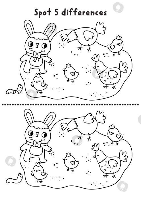 Скачать Пасхальная черно-белая игра "найди отличия". Развивающее занятие на весенний праздник с кроликом, который кормит кур и цыплят. Милая головоломка для детей. Рабочий лист для печати и раскраска для привлечения внимания фотосток Ozero