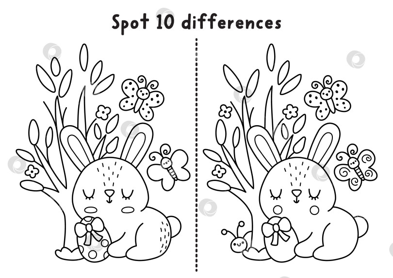 Скачать Пасхальная черно-белая игра "найди отличия". Развивающее занятие на тему весенних праздников с кроликом, который сидит с яйцом возле цветущего дерева. Милая головоломка для детей. Рабочий лист для печати, раскраска фотосток Ozero