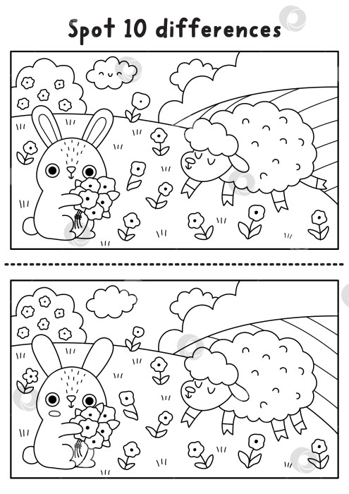 Скачать Пасхальная черно-белая игра "найди отличия". На весенних праздниках кролик собирает цветы на лугу вместе с овцами. Рабочий лист для печати, головоломка, раскраска с изображением сельской местности. фотосток Ozero