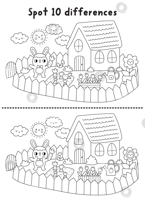 Скачать Пасхальная черно-белая игра "найди отличия". Развивающее занятие на тему весенних каникул с кроликом, выращивающим морковь в своем саду. Милая головоломка для детей. Рабочий лист для печати, раскраска фотосток Ozero