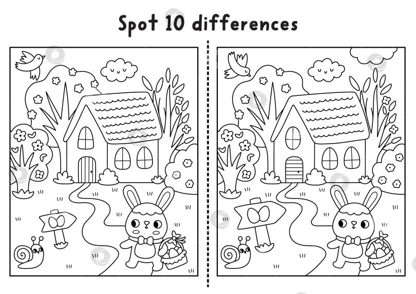 Скачать Пасхальная черно-белая игра "найди отличия". Развивающее занятие на тему весенних каникул с кроликом, который идет домой с корзинкой gg. Головоломка для детей. Рабочий лист для печати, раскраска с изображением сельской местности фотосток Ozero