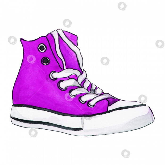 Скачать Акварель одна единственная фиолетовая спортивная обувь с фиолетовыми кроссовками эскиз изолированного искусства фотосток Ozero