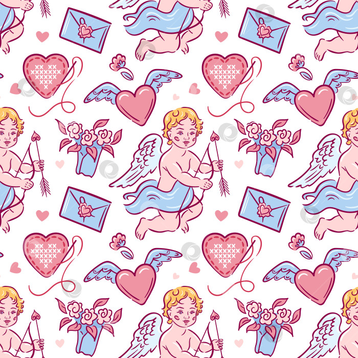 Скачать Бесшовный векторный рисунок с вышивкой, почтовый конверт, цветочный букет, милый купидон и керамическая чашка. Романтичный повторяющийся фон в рисованном стиле для свадебного декора, текстиля и подарочной упаковки. фотосток Ozero