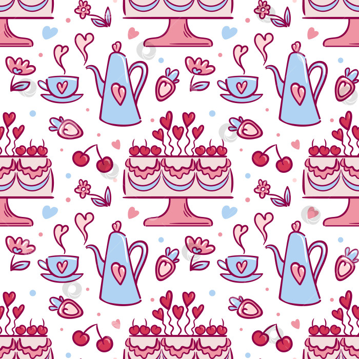 Скачать Бесшовный узор в виде каракулей на День Святого Валентина с изображением вишневого торта, чая и романтических элементов. Векторный повторяющийся фон в рисованном стиле для праздничного текстиля, подарочной упаковки и цифровой бумаги. фотосток Ozero