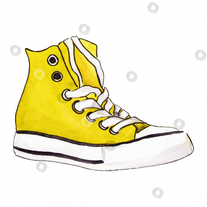 Скачать Акварель один-единственный желтый кроссовок спортивная обувь эскиз изолированного искусства фотосток Ozero