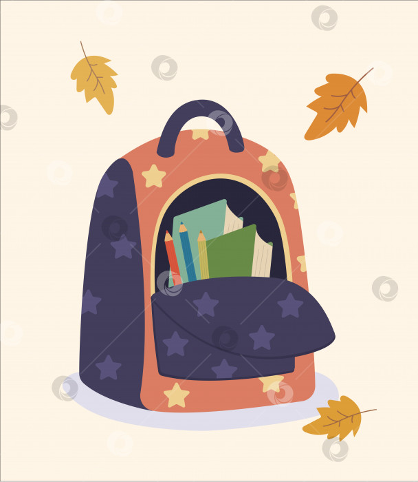 Скачать Векторная иллюстрация школьного рюкзака с учебниками, книгами, карандашами, осенними листьями. Значок рюкзака. Рюкзак с карманами. Пора идти в школу. Школьные принадлежности. Сумка для колледжа, детского сада, лицея. фотосток Ozero