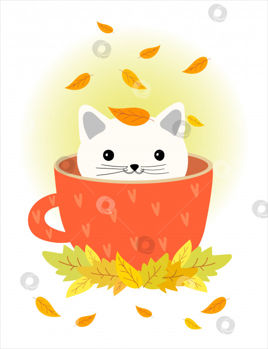 Скачать Милые животные. Симпатичная иллюстрация с котенком. Открытка с котом. Кофейный плакат. Осенняя иллюстрация с котом и листьями. Чашка кофе с котом. Котенок улыбается. Милое личико фотосток Ozero