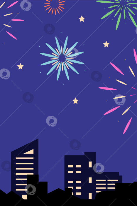 Скачать Открытка с фейерверком на фоне ночного неба и города. Векторная рисованная иллюстрация для ваших проектов. фотосток Ozero
