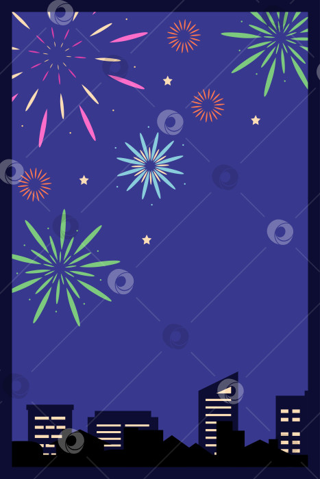Скачать Открытка с фейерверком на фоне ночного неба и городом в рамке. Векторная рисованная иллюстрация для ваших проектов. фотосток Ozero