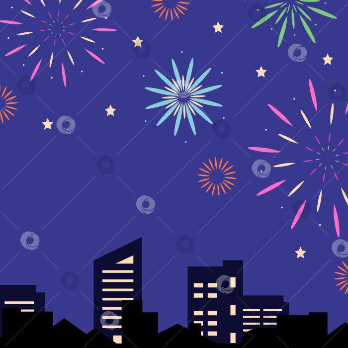Скачать Квадратная открытка с фейерверком на фоне ночного неба и города. Векторная рисованная иллюстрация для ваших проектов. фотосток Ozero
