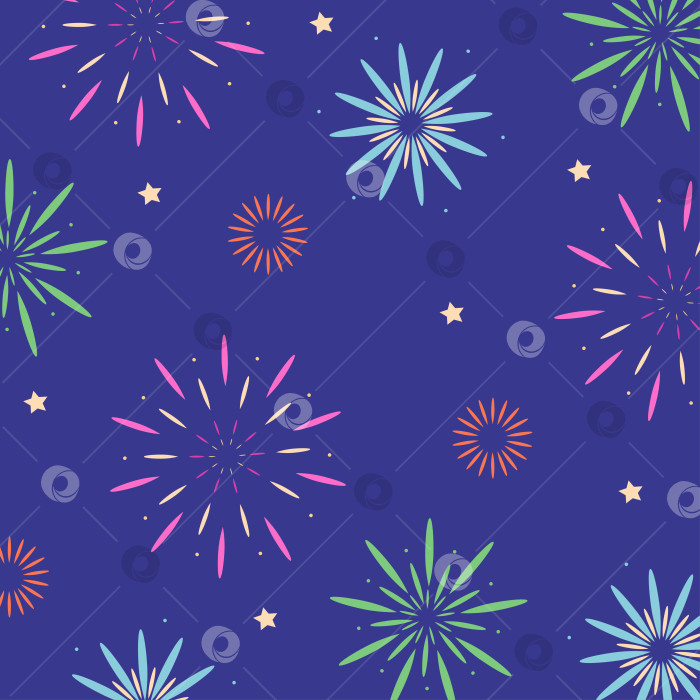 Скачать Квадратная открытка с фейерверком на фоне ночного неба. Векторная рисованная иллюстрация для ваших проектов. фотосток Ozero