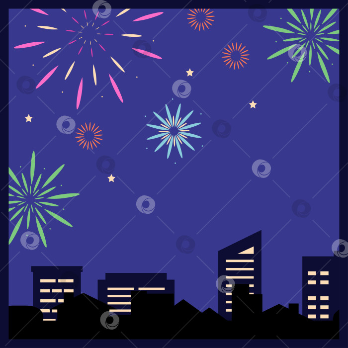 Скачать Квадратная открытка с фейерверком на фоне ночного неба и городом в рамке. Векторная рисованная иллюстрация для ваших проектов. фотосток Ozero