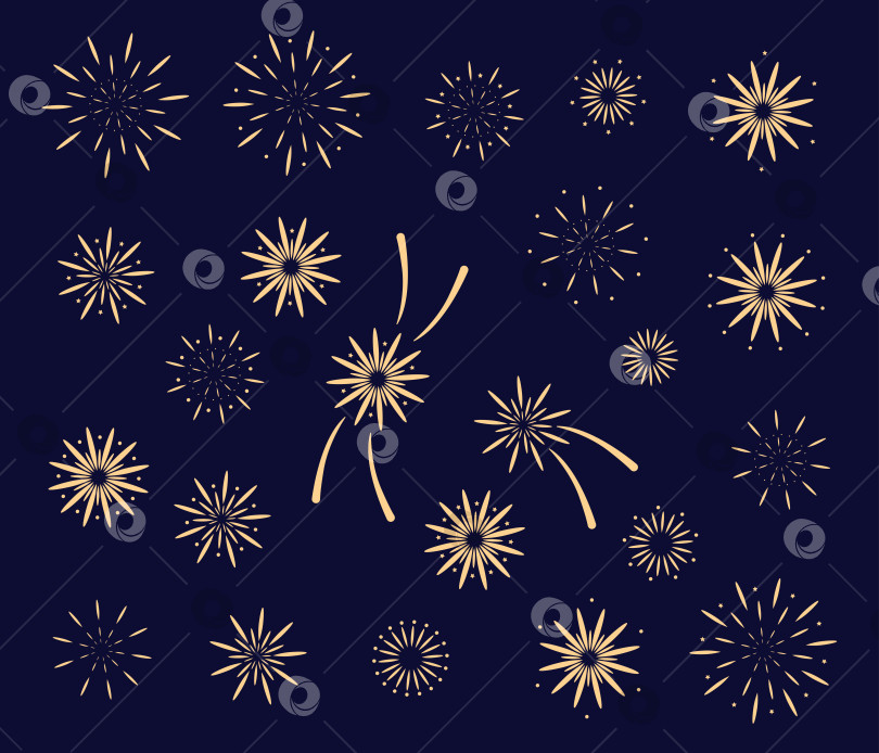 Скачать Большой набор различных фейерверков на темно-синем фоне. Векторная рисованная иллюстрация для ваших проектов. фотосток Ozero