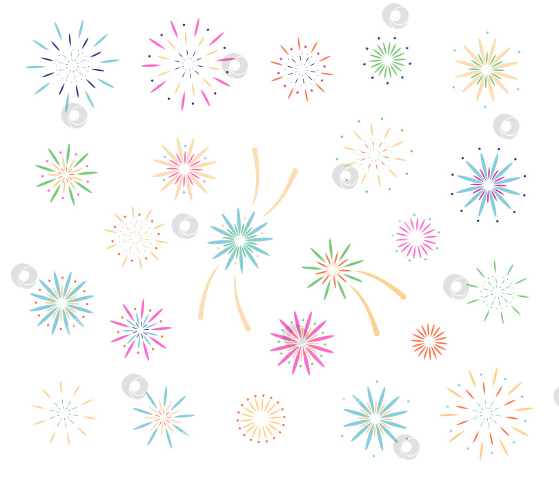 Скачать Большой набор различных фейерверков на белом фоне. Векторная рисованная иллюстрация для ваших проектов. фотосток Ozero