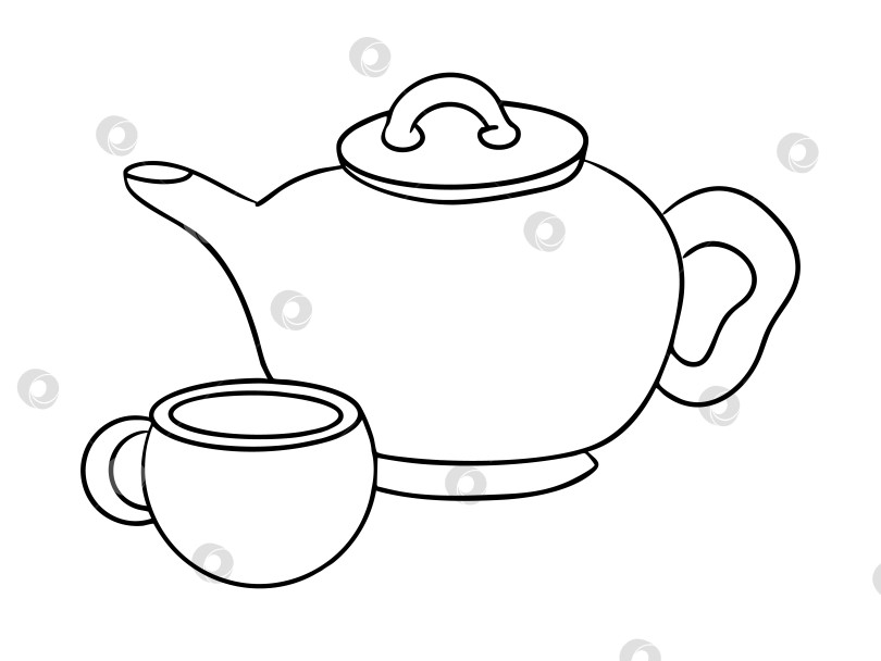 Скачать Контурный чайник, чашка. Линейное изображение. Раскраска для чаепития. Керамический чайник, кружка. Контурная посуда фотосток Ozero