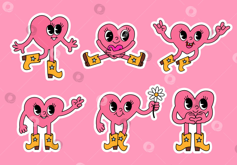 Скачать Забавный набор наклеек в виде розового сердечка с милыми персонажами фотосток Ozero