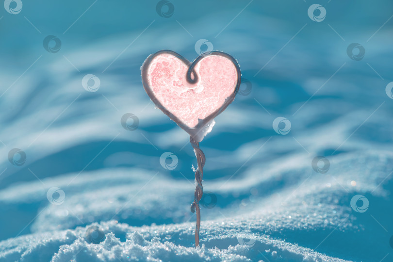 Скачать Скульптура розового замороженного сердца покоится на снежном сугробе, сверкая ледяной текстурой на холодном голубом зимнем фоне, навевая романтику, нежную красоту и сезонные эмоции оттепели фотосток Ozero