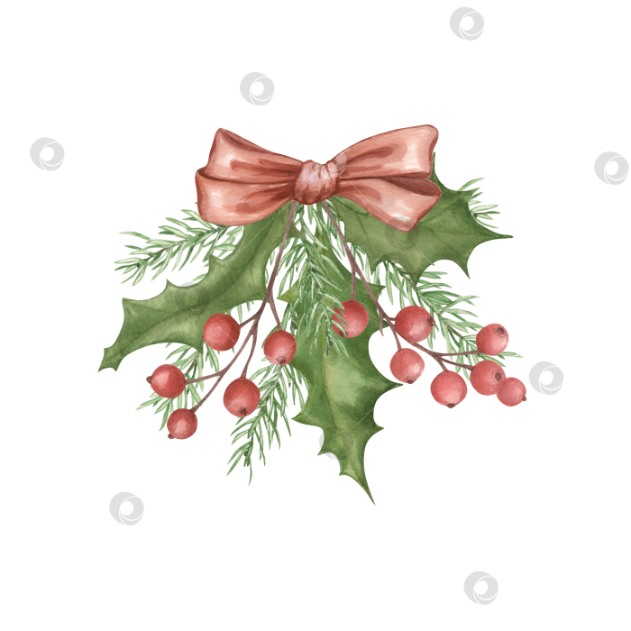 Скачать Рождественское украшение с листьями остролиста и ягодами, хвойными ветками и красным бантом. фотосток Ozero