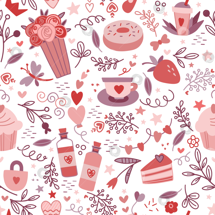 Скачать Праздничный бесшовный узор с сердечками и сладкой едой в дудл стиле фотосток Ozero