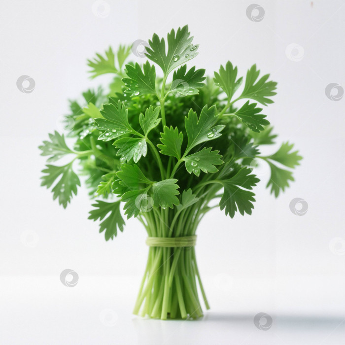 Скачать Свежий пучок зелёной петрушки с каплями воды, на белом фоне для кулинарного вдохновения и здорового питания фотосток Ozero