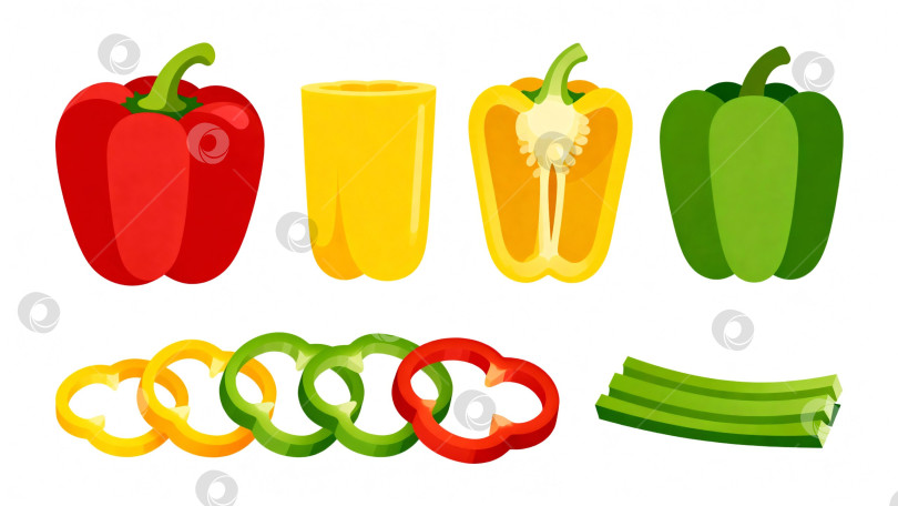 Скачать Яркая иллюстрация болгарских перцев: целые и нарезанные красные, жёлтые и зелёные перцы, для кулинарных и образовательных материалов фотосток Ozero