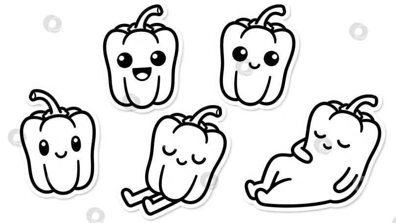 Скачать Забавные раскраски с болгарскими перцами-персонажами, весёлые, улыбающиеся и спящие перцы для детского творчества фотосток Ozero