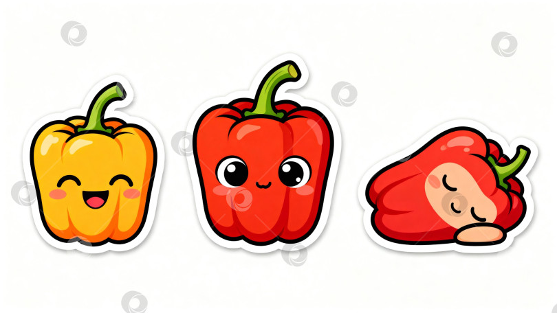 Скачать Мультяшные болгарские перцы с лицами, улыбкой, красный, жёлтый и сонный перец для детских материалов и дизайна фотосток Ozero