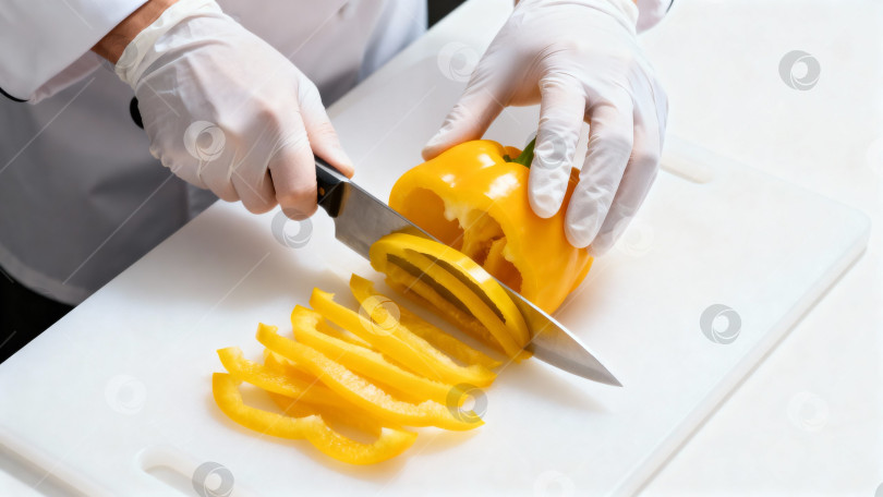 Скачать Профессиональная нарезка желтого болгарского перца поваром в перчатках на белой доске фотосток Ozero