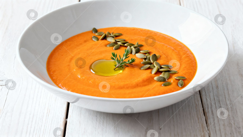 Скачать Крем-суп из тыквы с тыквенными семечками и оливковым маслом, в белой тарелке для уютного обеда или ужина фотосток Ozero