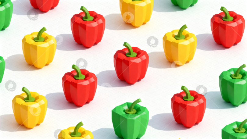 Скачать 3D-композиция из красных, жёлтых и зелёных болгарских перцев, геометрический дизайн на светлом фоне для декора и оформления фотосток Ozero