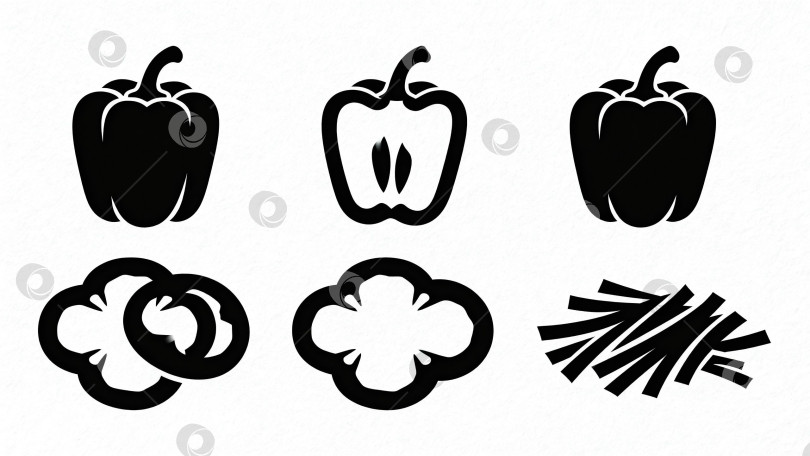 Скачать Чёрные силуэты болгарского перца: целый, разрезанный и нарезанный, для дизайна, логотипов и декора фотосток Ozero