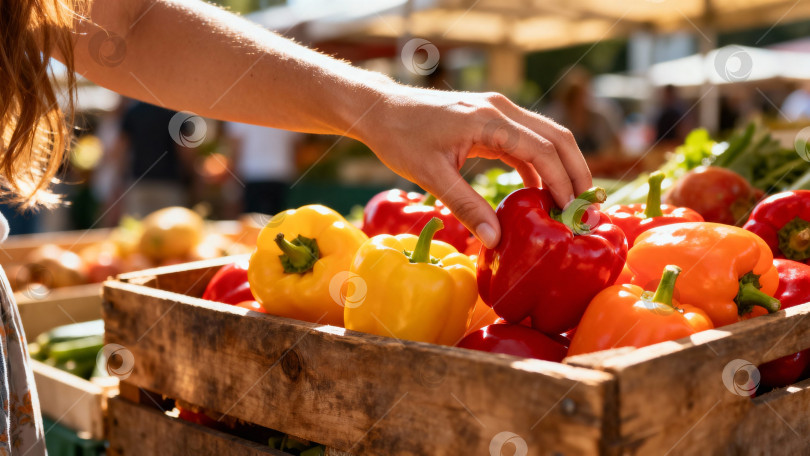 Скачать Выбор свежих болгарских перцев на рынке, красные, жёлтые и оранжевые перцы в деревянном ящике фотосток Ozero
