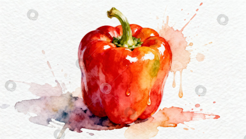 Скачать Художественная акварельная иллюстрация красного болгарского перца с брызгами и переливами красок на текстурированной бумаге с местом для текста фотосток Ozero
