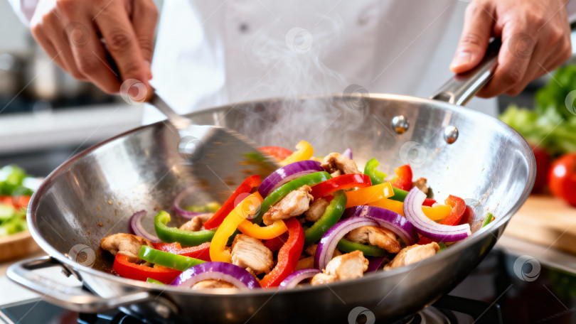 Скачать Профессиональное приготовление стри-фрай из курицы и разноцветных овощей в воке, с паром и яркими ингредиентами для здорового питания фотосток Ozero