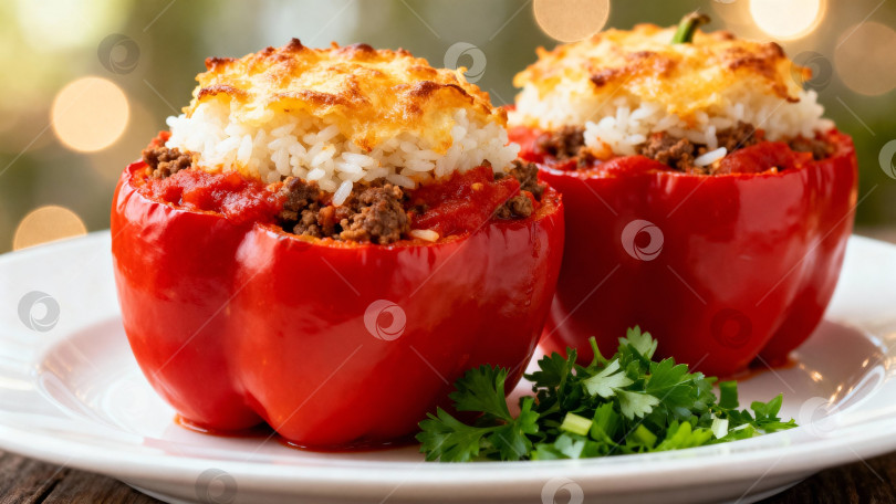 Скачать Фаршированные болгарские перцы с рисом, фаршем и сыром под золотистой корочкой, с томатным соусом и свежей петрушкой на праздничном столе фотосток Ozero