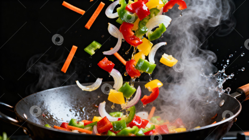 Скачать Обжаривание свежих овощей в воке: болгарский перец, морковь и лук с паром и брызгами для динамичного кулинарного эффекта фотосток Ozero