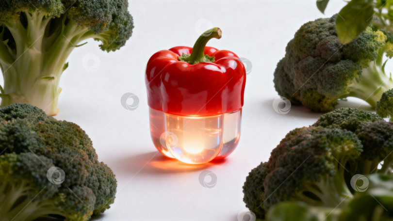 Скачать Креативная композиция с красным болгарским перцем в виде капсулы среди соцветий брокколи на белом фоне фотосток Ozero