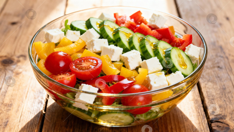 Скачать Свежий летний салат с огурцами, помидорами, болгарским перцем и сыром фETА, в прозрачной стеклянной миске с оливковым маслом фотосток Ozero