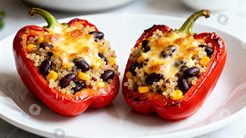 Скачать Запечённые болгарские перцы, фаршированные киноа, чёрной фасолью и кукурузой под расплавленным сыром фотосток Ozero