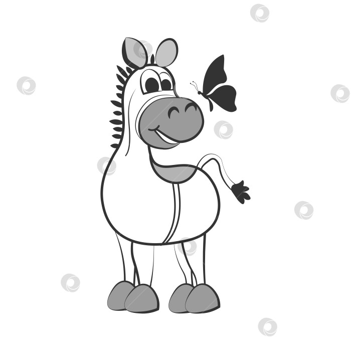 Скачать Лошадка в мультяшном стиле смотрит на бабочку. Иллюстрация для открытки. Персонаж для комикса.Иллюстрация для детской книги. фотосток Ozero