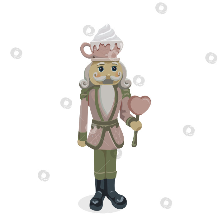 Скачать Иллюстрация к детскому празднику. Щелкунчик с кружкой и сердцем. Оформление открытки с новому году и рождеству. Символ волшебства. фотосток Ozero