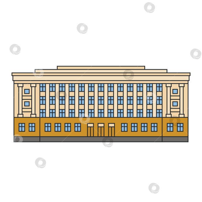 Скачать Административное здание с симметричным классическим фасадом и колоннами. Иллюстрация. Объект, выделенный на белом фоне. Городская архитектура, государственное управление, история, туризм и сувенирный дизайн. фотосток Ozero
