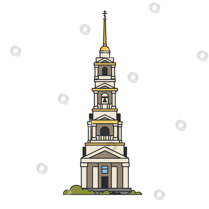 Скачать Колокольня с высоким шпилем и классическими ярусами. Иллюстрация. Объект, выделенный на белом фоне. Достопримечательность города, история, туризм. фотосток Ozero