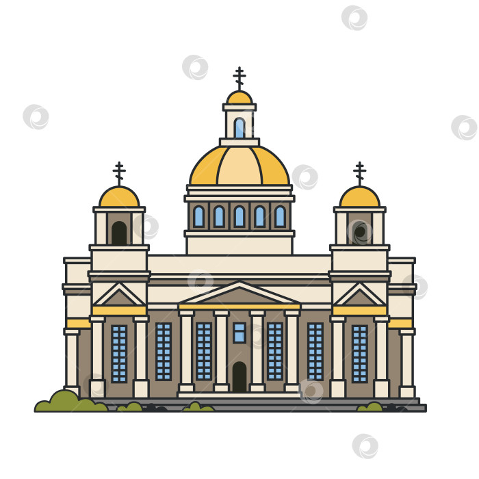 Скачать Православный собор с золотыми куполами и классическим фасадом. Иллюстрация. Объект, выделенный на белом фоне. Достопримечательность города, религия и туризм. фотосток Ozero