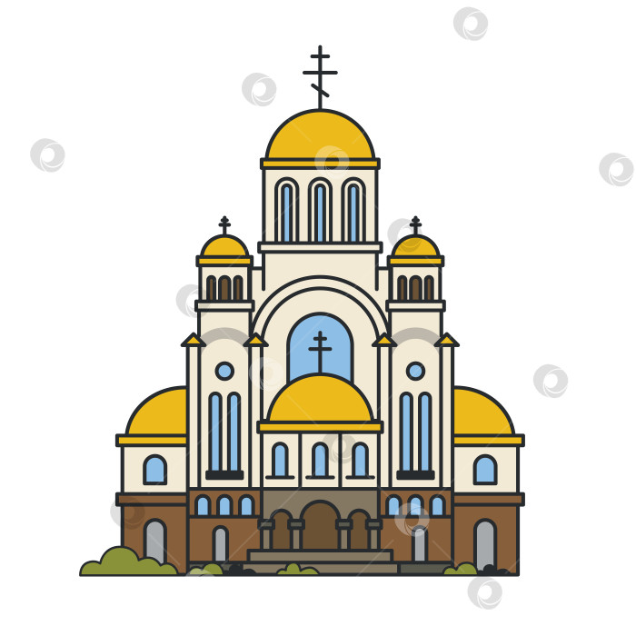 Скачать Православный собор с золотыми куполами и классическим фасадом. Иллюстрация. Объект, выделенный на белом фоне. Достопримечательность города, религия и туризм. фотосток Ozero