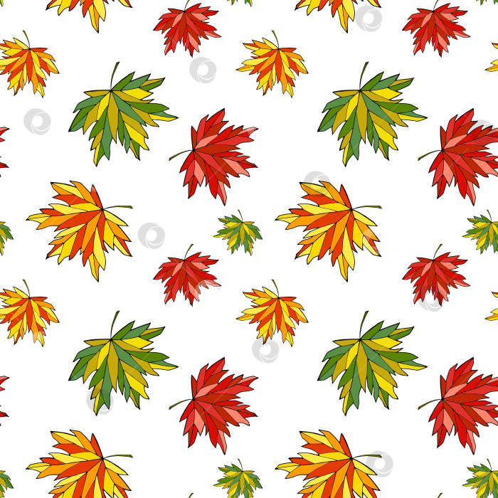 Скачать Бесшовный узор из падающих кленовых листьев. Бескрайний фон из разноцветной листвы acer. Текстура яркой осени бесконечна. Красные, желтые, оранжевые, зеленые осенние листья повторяют дизайн поверхности. Милый красочный фон фотосток Ozero