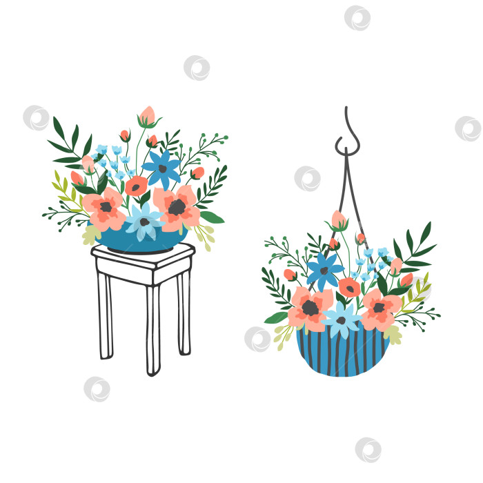 Скачать Иллюстрация цветов в горшке. Рисунок для оформления цветочного магазина. Цветы нарисованные кистью. Яркий и нежный букет для украшения пространства. фотосток Ozero