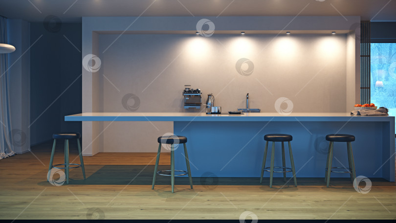 Скачать Современный минималистичный интерьер кухни с островом и табуретками. 3D-рендеринг дизайна дома фотосток Ozero