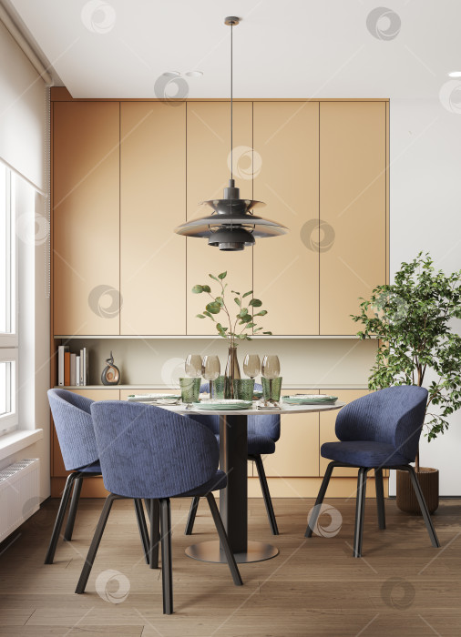 Скачать Вертикальный 3D-рендер современной столовой с синими стульями и бежевыми шкафчиками. Дизайн интерьера фотосток Ozero